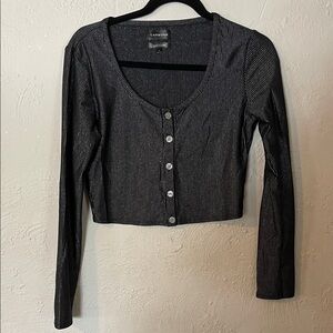Carbon38 Black Metallic Ribbed Button-Front Long Sleeve Crop